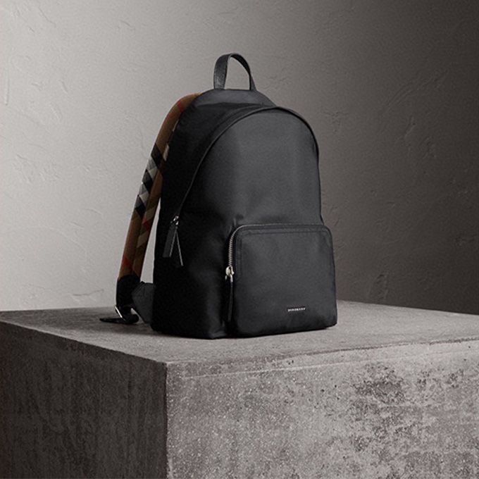 burberry technical nylon calf leather trim vintage check strap daily commute backpack